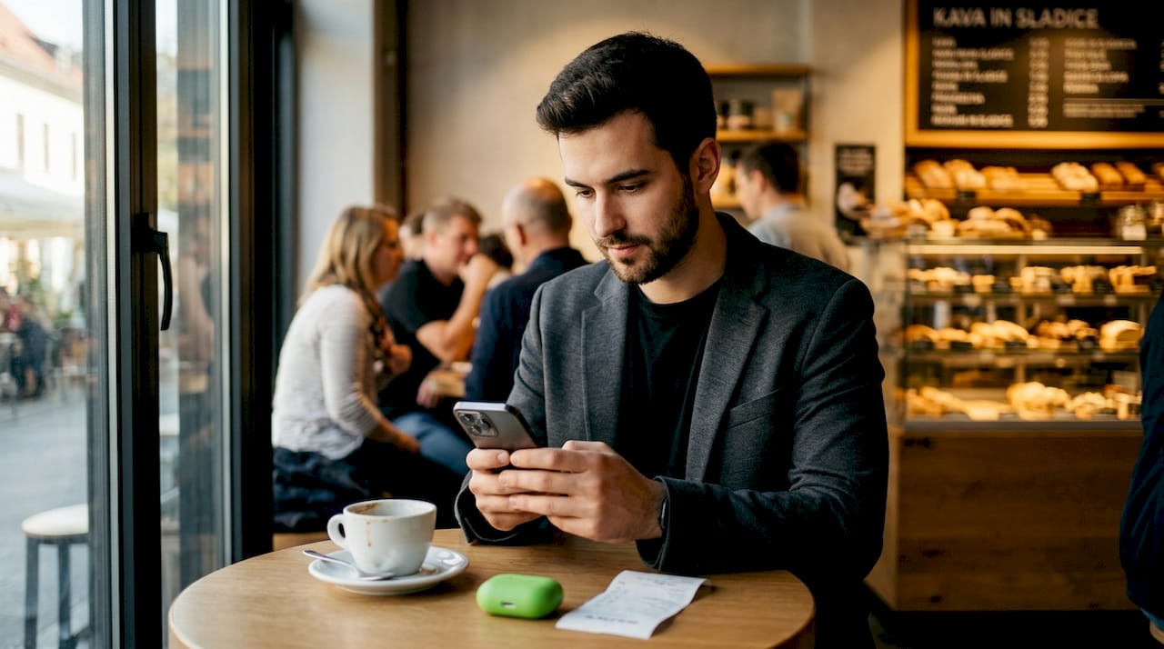 A man in a cafe testing a mobile website on his smartphone.
