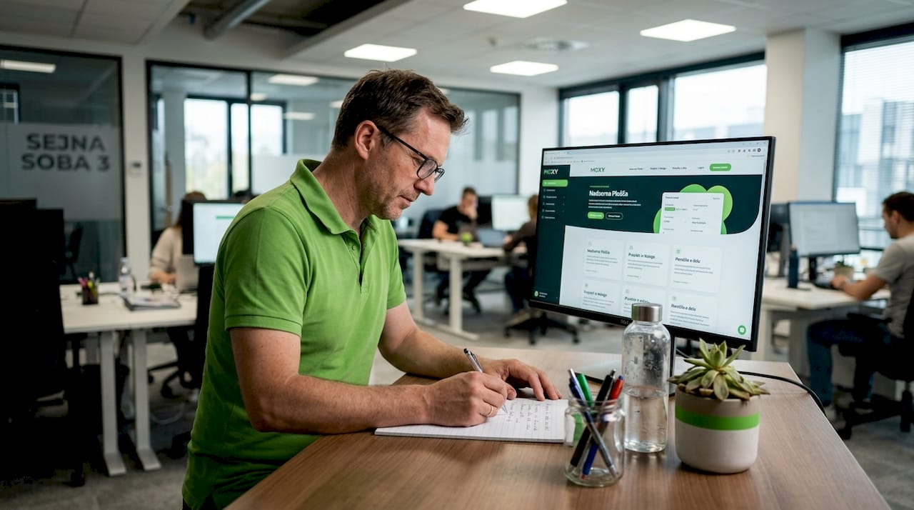 Man evaluating website quality in an open office.