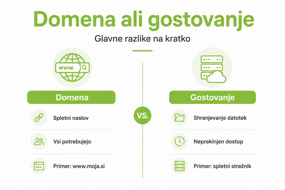 Pregledna infografika: ključne razlike med domeno in spletnim gostovanjem