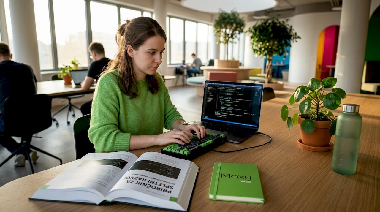 Programer pri delu uporablja referenčno knjigo in dva zaslona, da lažje in hitreje pi&scaron;e kodo.