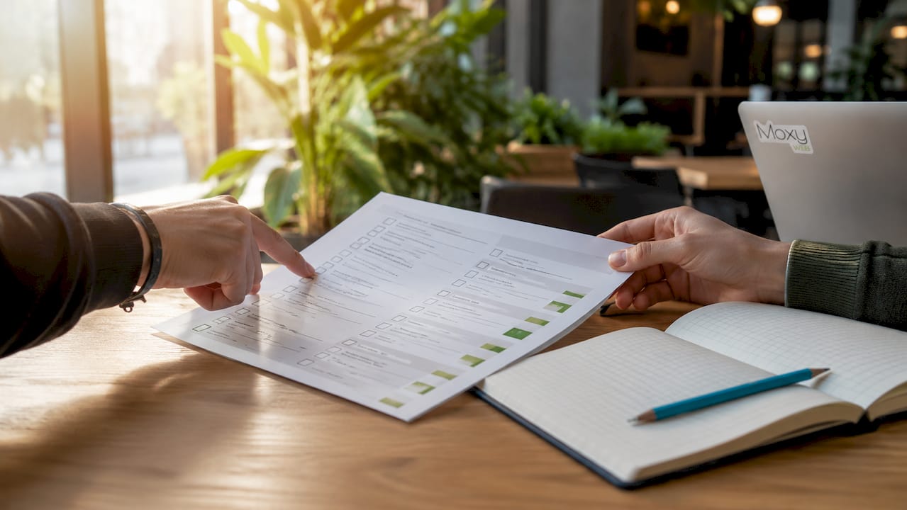 Hands checking a design standards checklist
