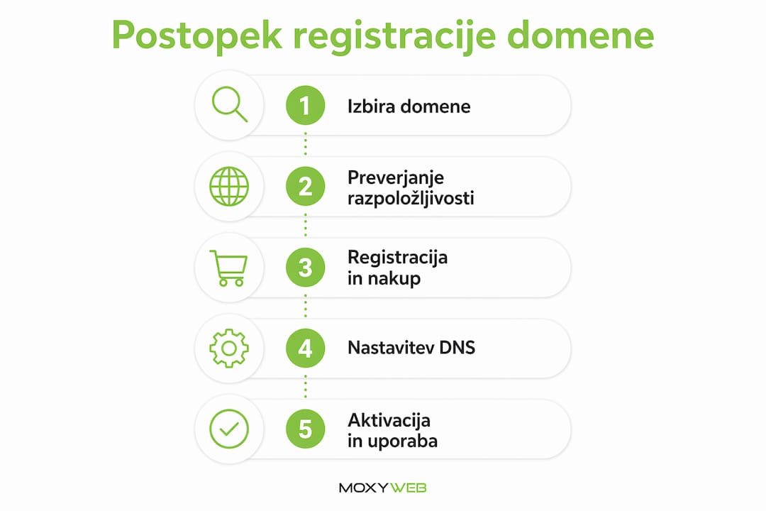 Naša infografika vas vodi skozi ključne korake pri registraciji domene.