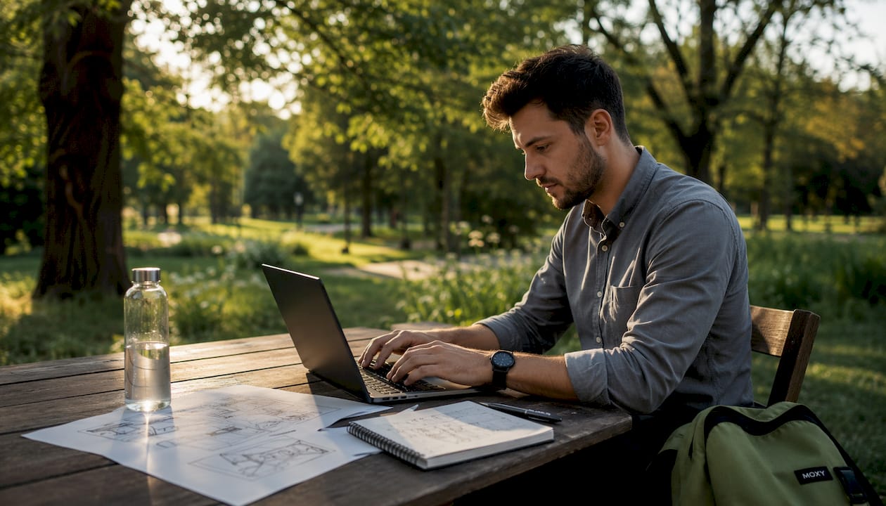 Programer še pozno v noč dela v sodobnem coworking prostoru.