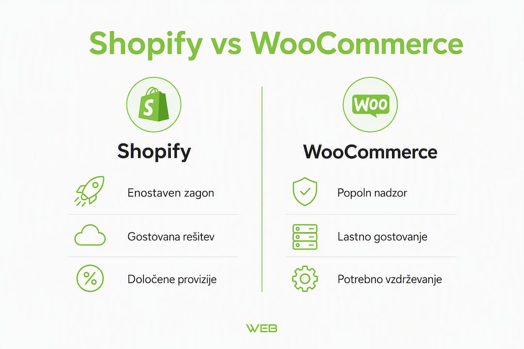 Grafični prikaz ključnih razlik med Shopify in WooCommerce