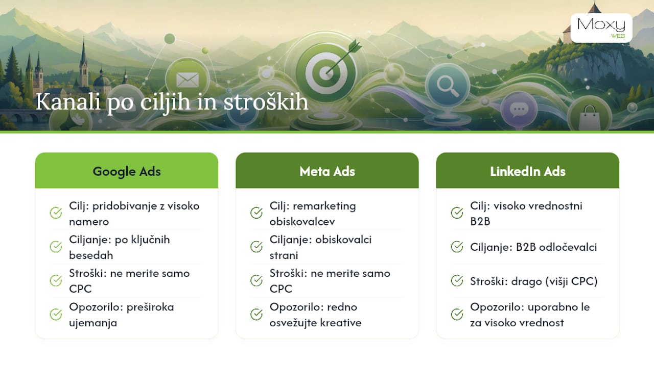 Preglednica oglaševalskih kanalov in njihovih stroškov