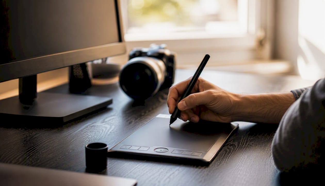 Roke, ki držijo digitalno pero in urejajo fotografijo na grafični tablici.