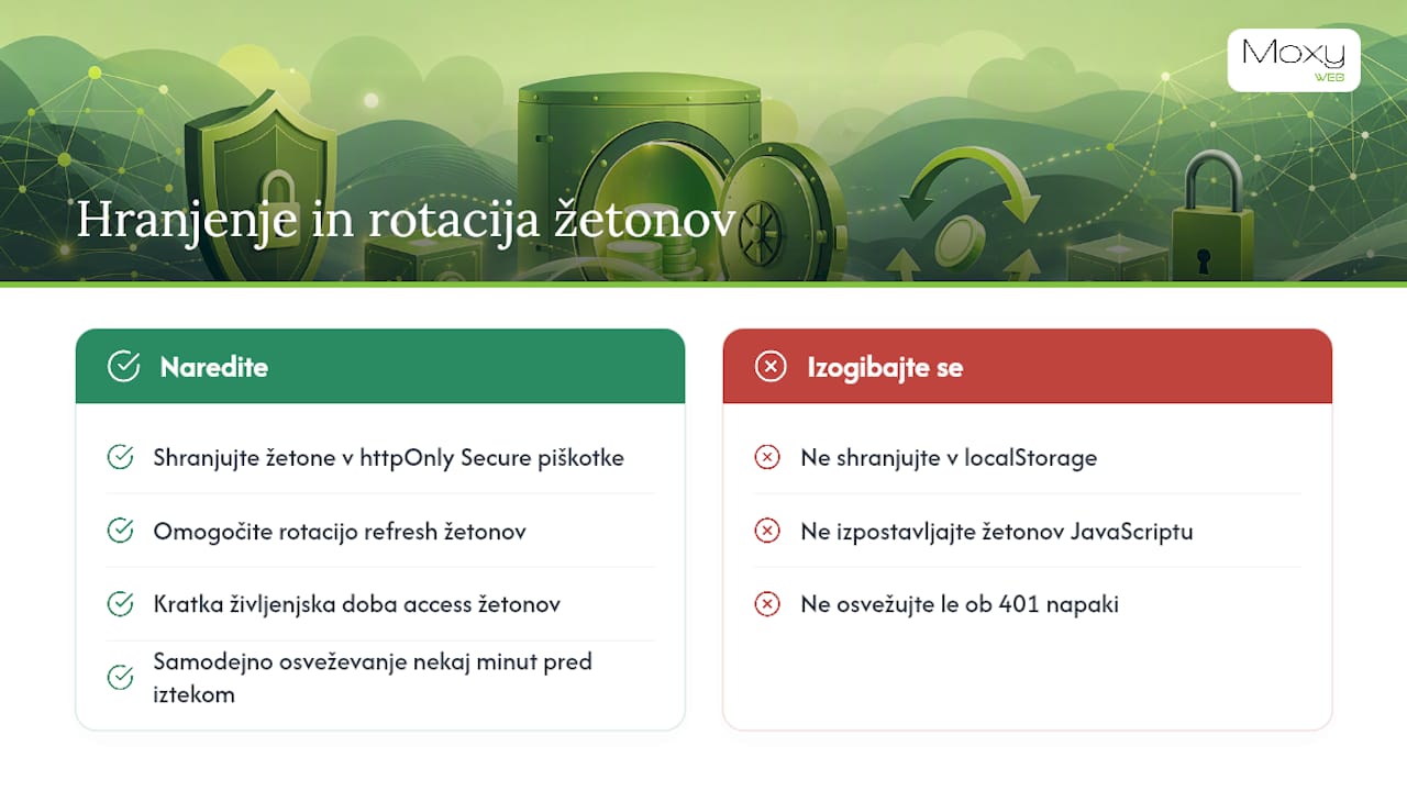 Hranjenje žetonov, refresh token rotation in najboljše prakse za SPA — overview diagram