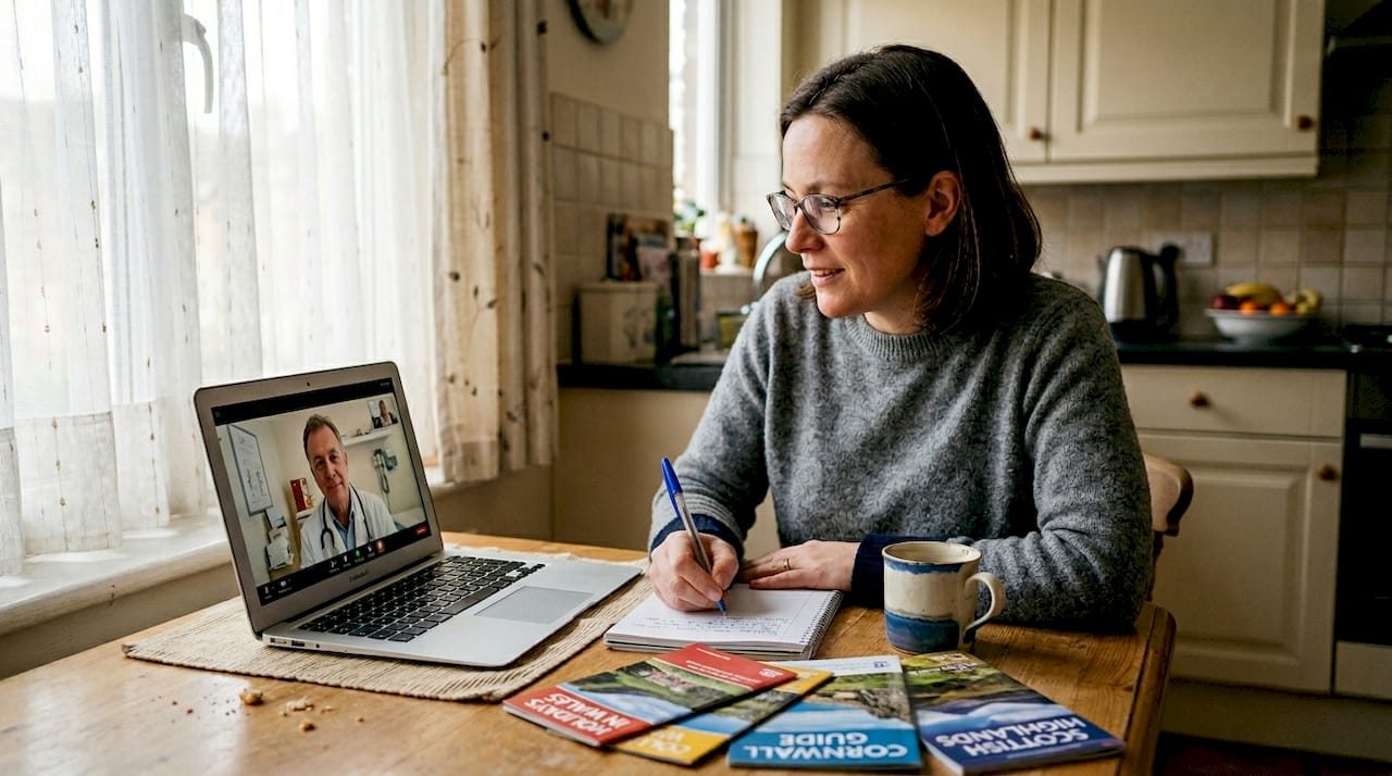 Woman video calling doctor abroad at kitchen table