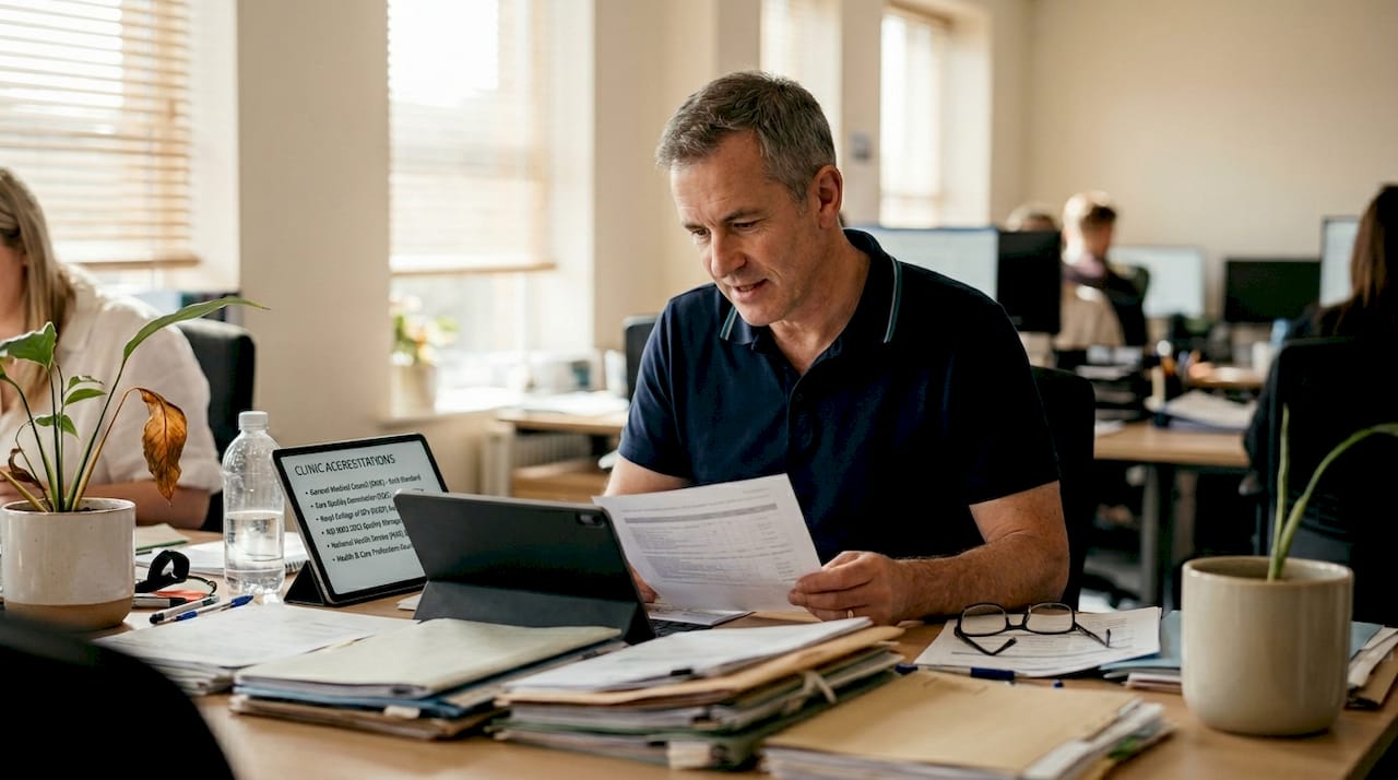 Man reviewing clinic credentials in shared office