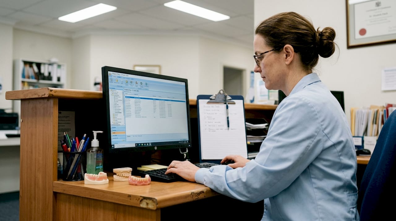 Dentist updating records at clinic desk