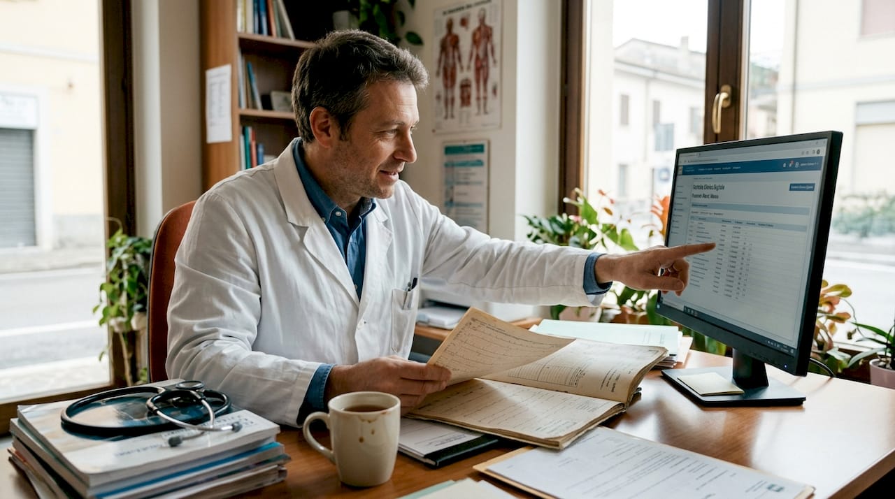 Il medico esamina i dati clinici seduto alla sua scrivania.
