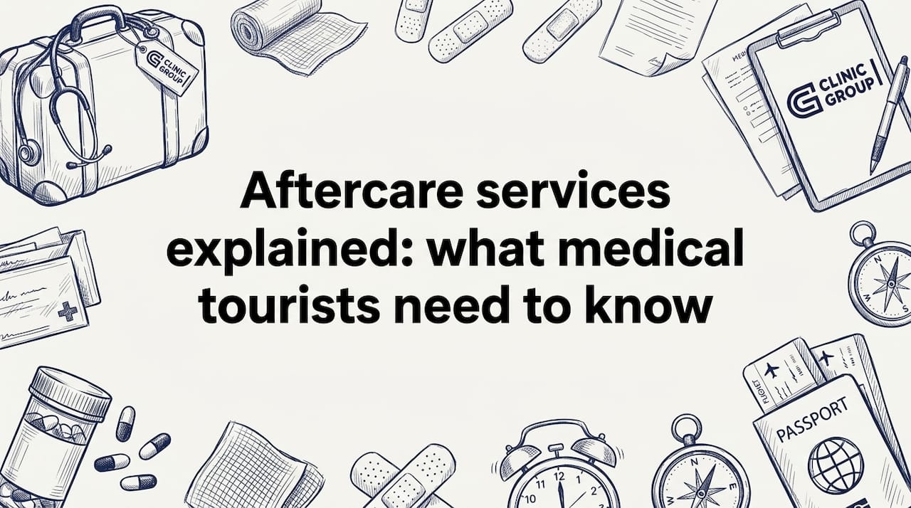 Medical-themed decorative title card illustration with travel and clinic props