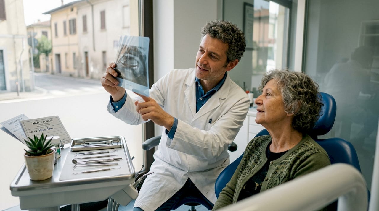 Il dentista mostra e spiega la radiografia al paziente durante la visita in studio.