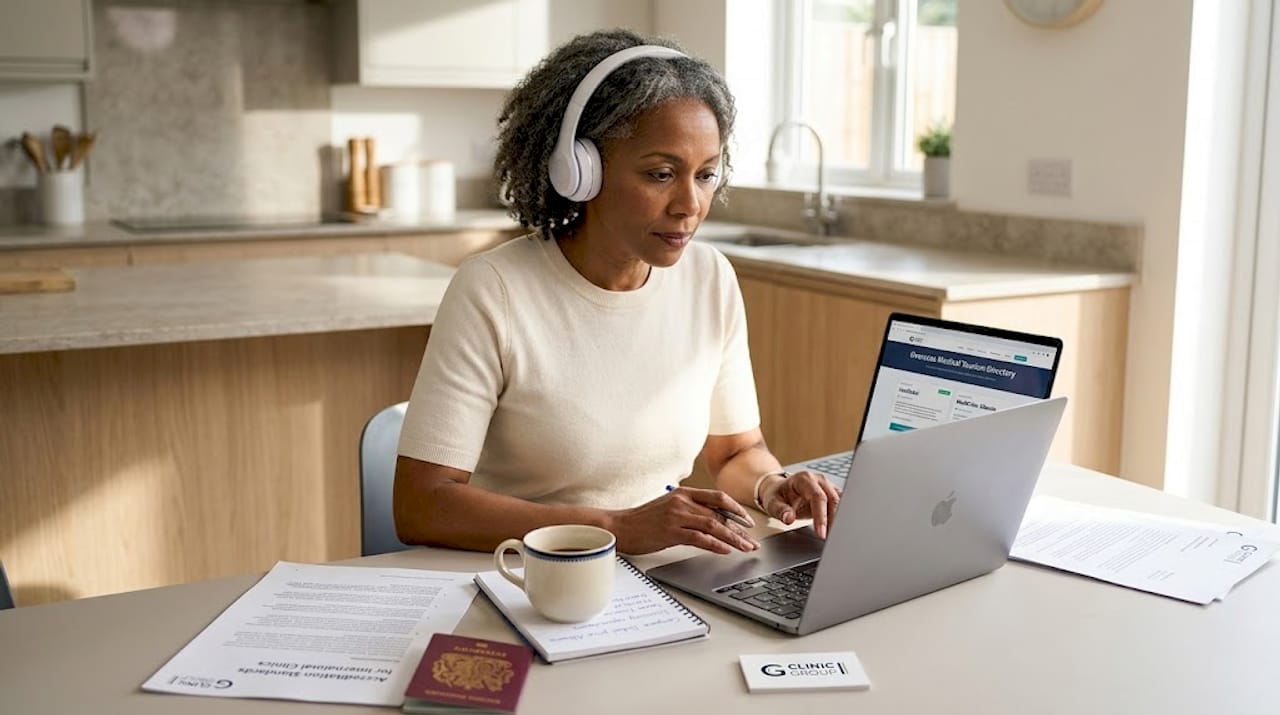 Woman researching clinic credentials at kitchen table