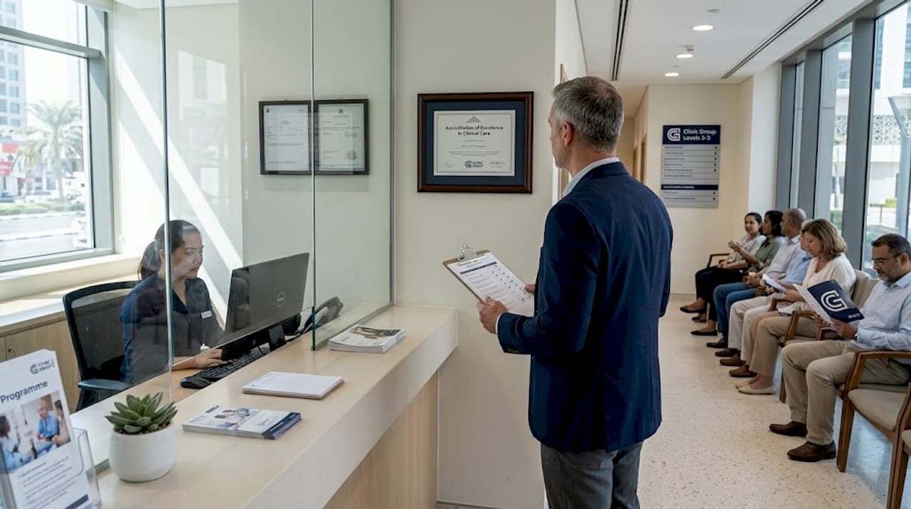 Administrator checks clinic accreditation certificate