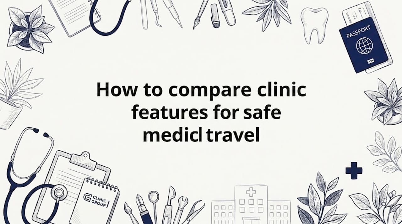 Decorative medical travel blog title card illustration