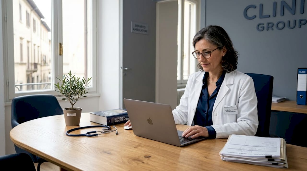 Il medico esamina le cartelle cliniche dei pazienti nel suo studio.