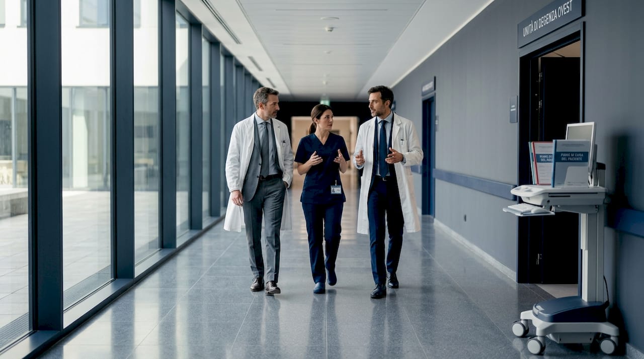 Un gruppo di medici e specialisti attraversa insieme il corridoio dell’ospedale, lavorando fianco a fianco per garantire la migliore cura ai pazienti.
