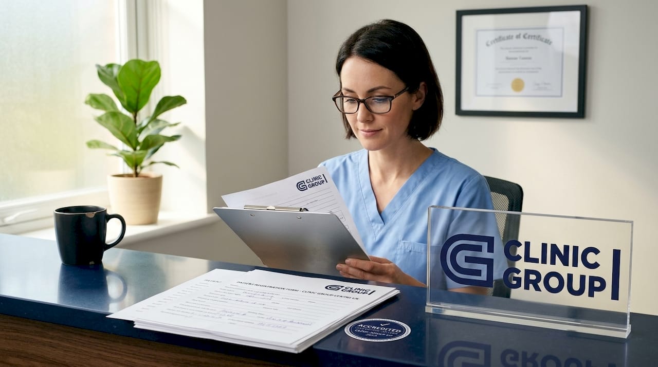 Receptionist reviews clipboard near accreditation certificate