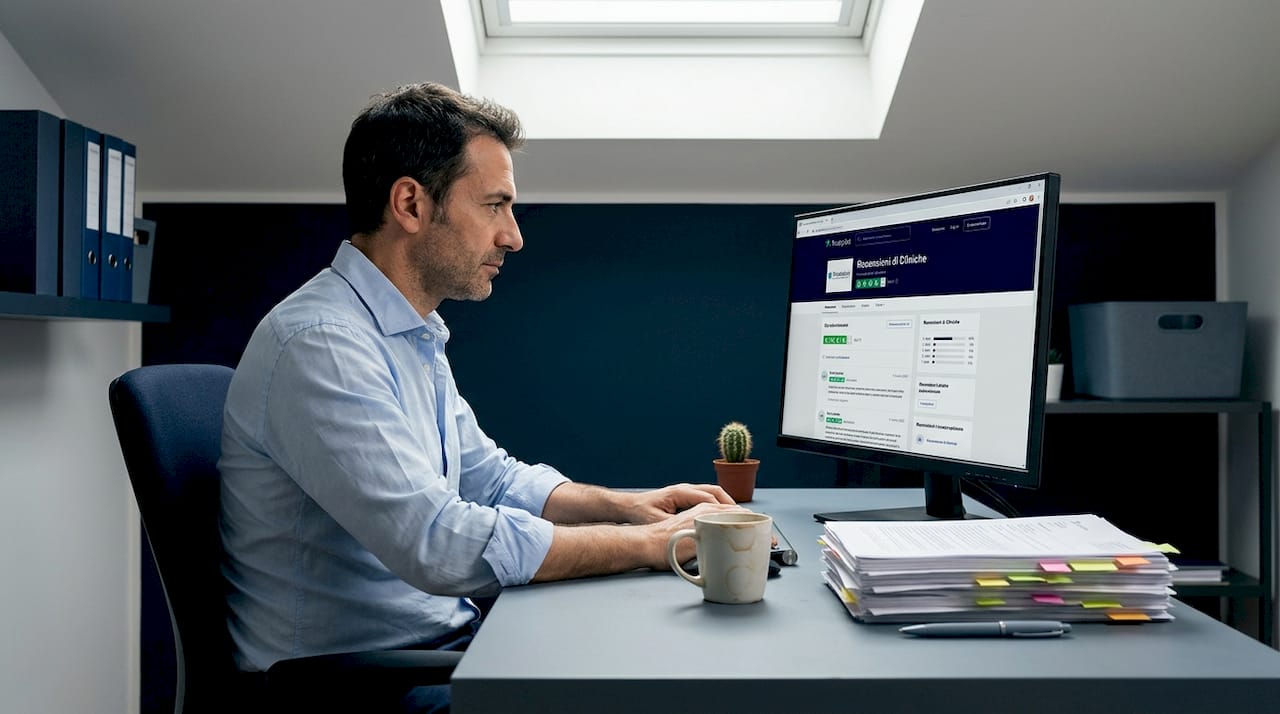 Un uomo esamina delle recensioni cliniche mentre si trova nel suo ufficio.