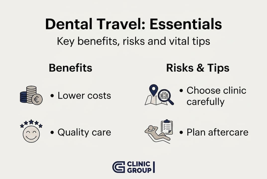 Infographic summarizing dental travel benefits and risks