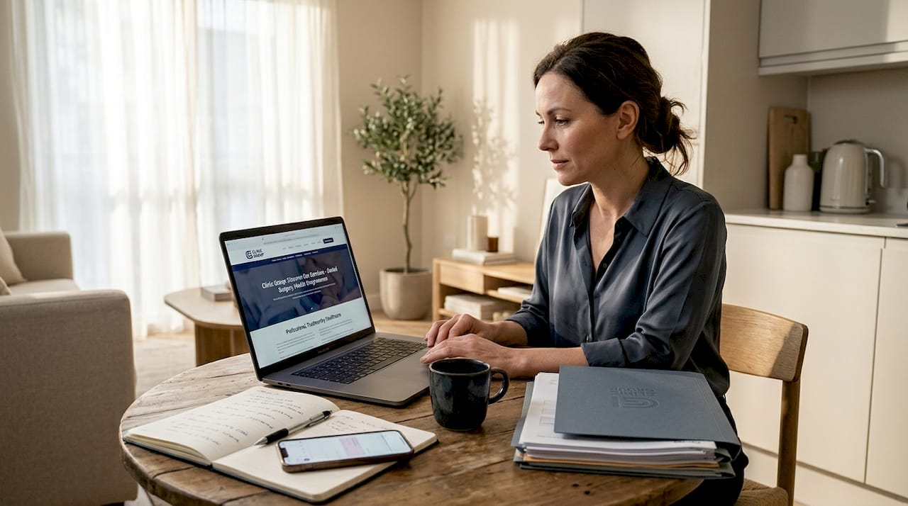 Woman organizing dental travel on laptop at kitchen table