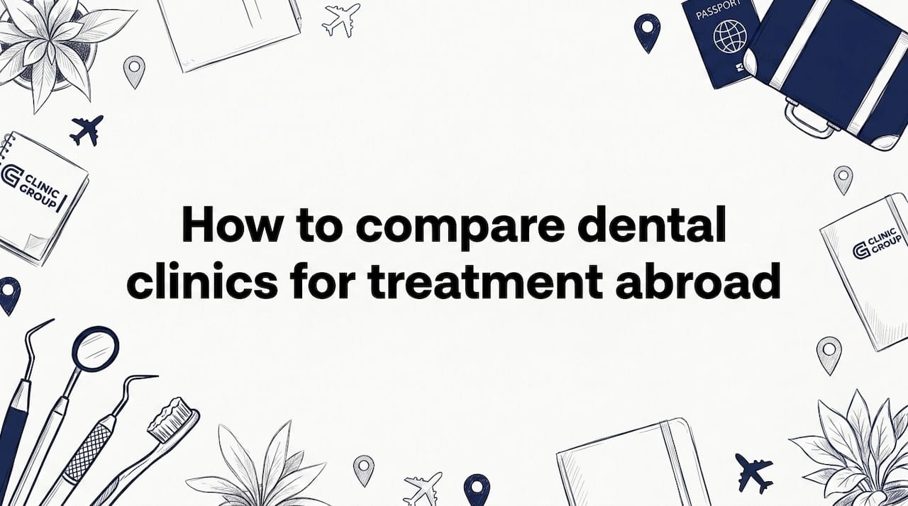 Hand-drawn dental clinic comparison decorative title card