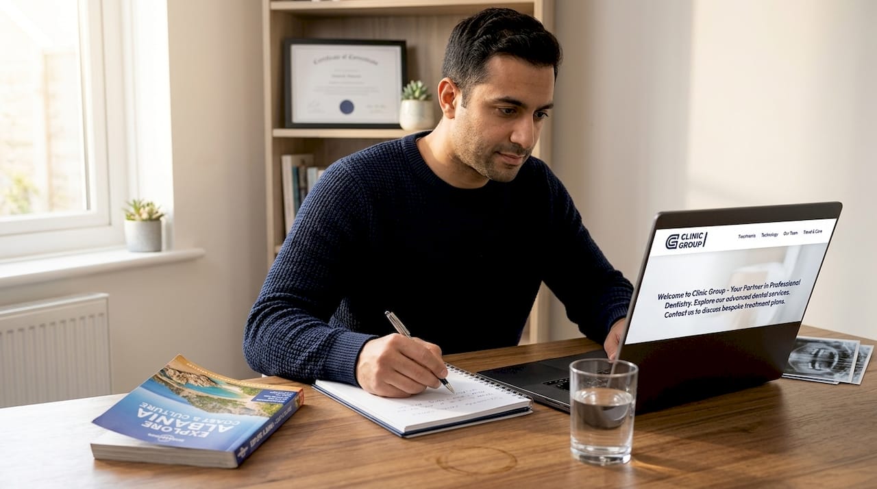 Man researching dental clinics abroad at home desk