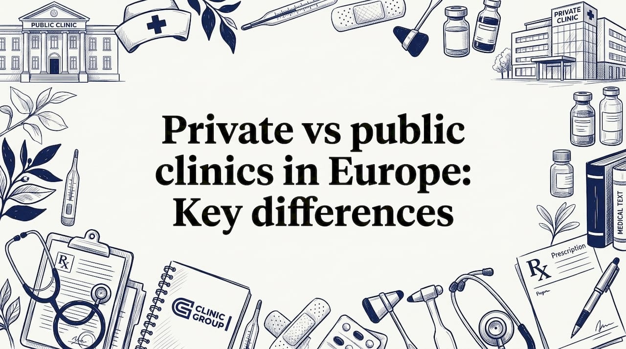 Decorative title card showing clinic-related objects framing clear center