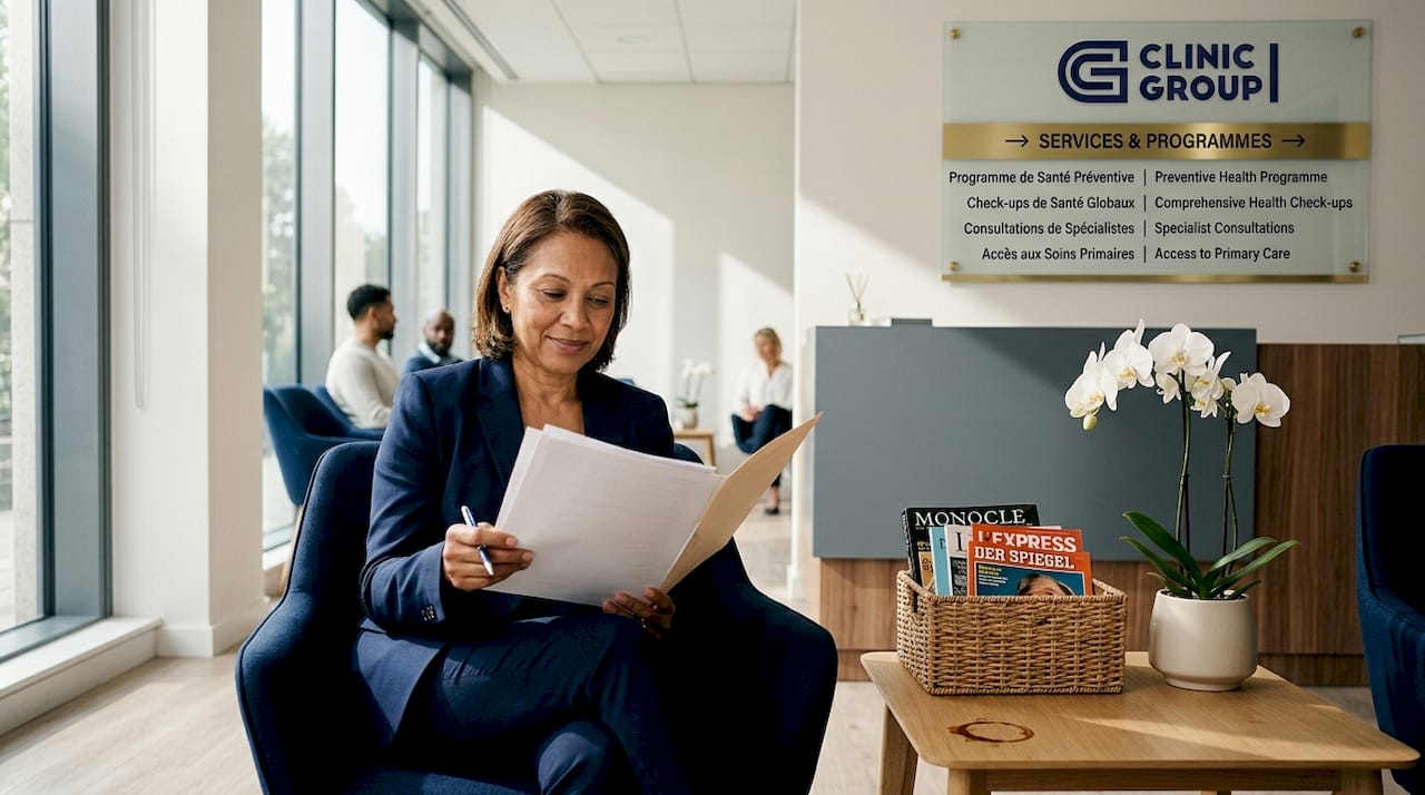 Patient reading forms in bright private clinic lobby