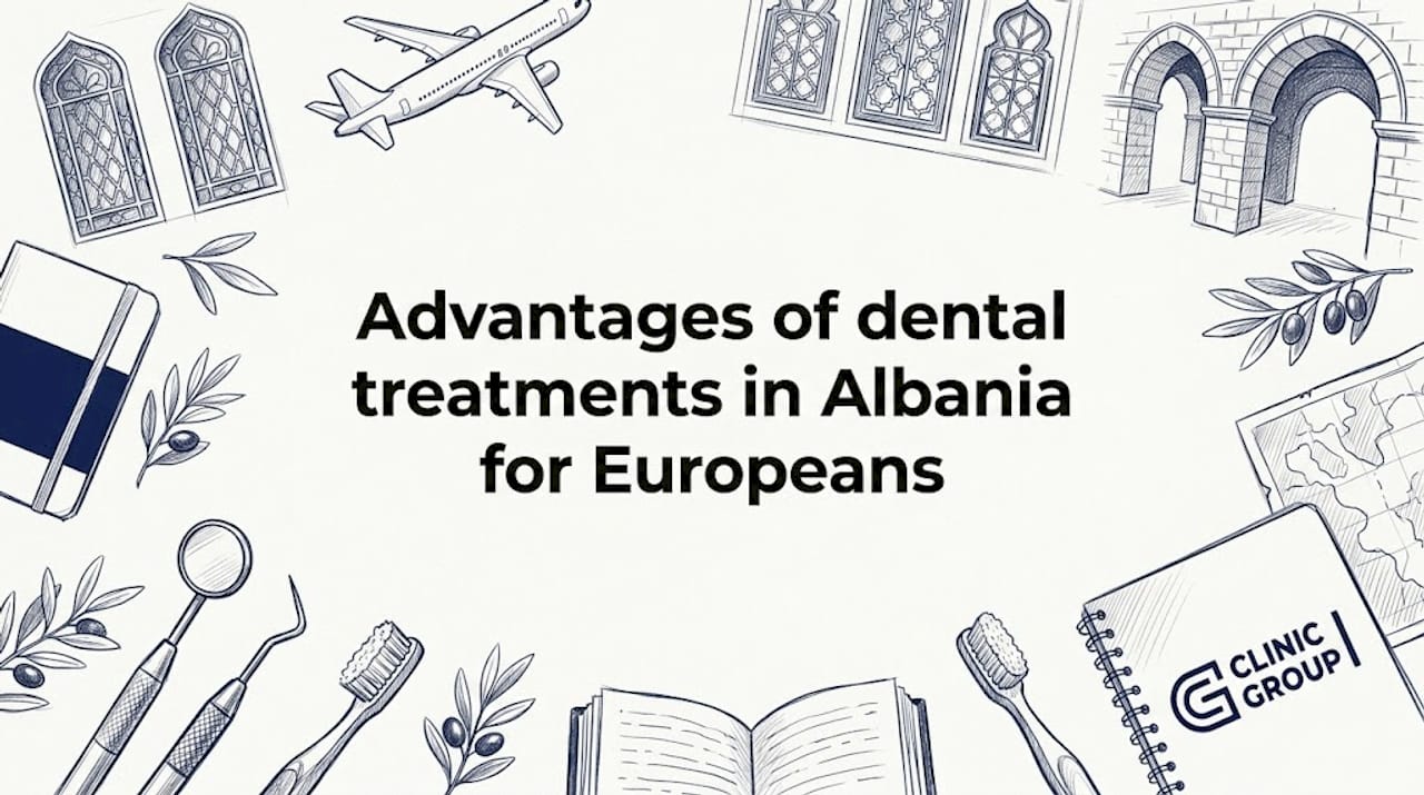 Artistic dental and travel motif title card illustration