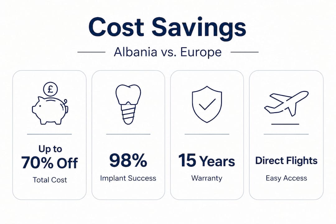 Infographic with cost, success, and access stats for Albanian dental care