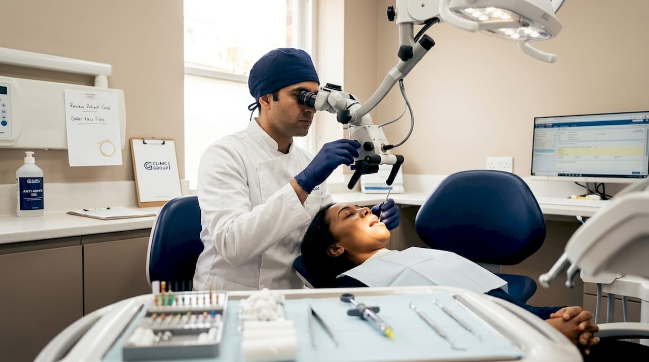 Dentist performing root canal procedure