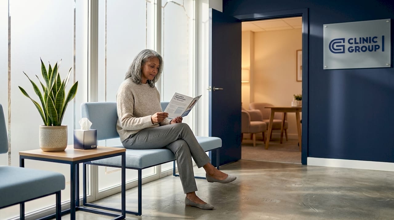 Patient reading brochure in wellness clinic waiting area