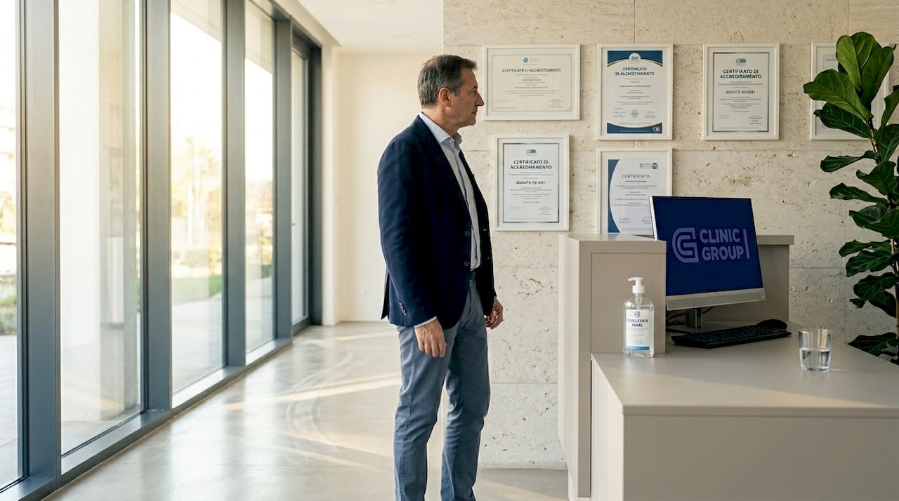 Professionista che verifica le certificazioni di qualità in una struttura sanitaria all’avanguardia