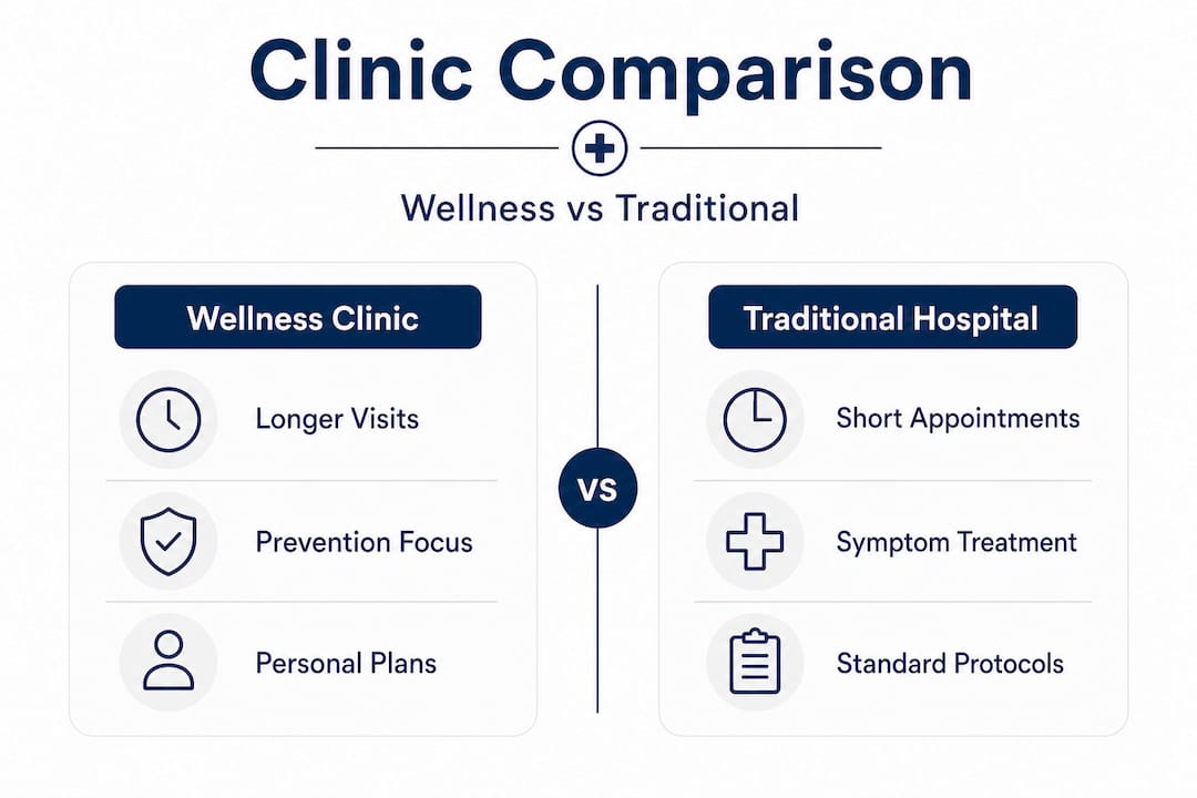 Infographic comparing wellness clinics and traditional hospitals