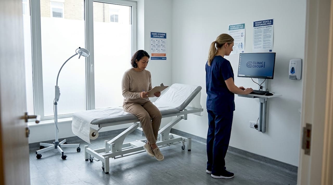 European clinic room with patient and nurse