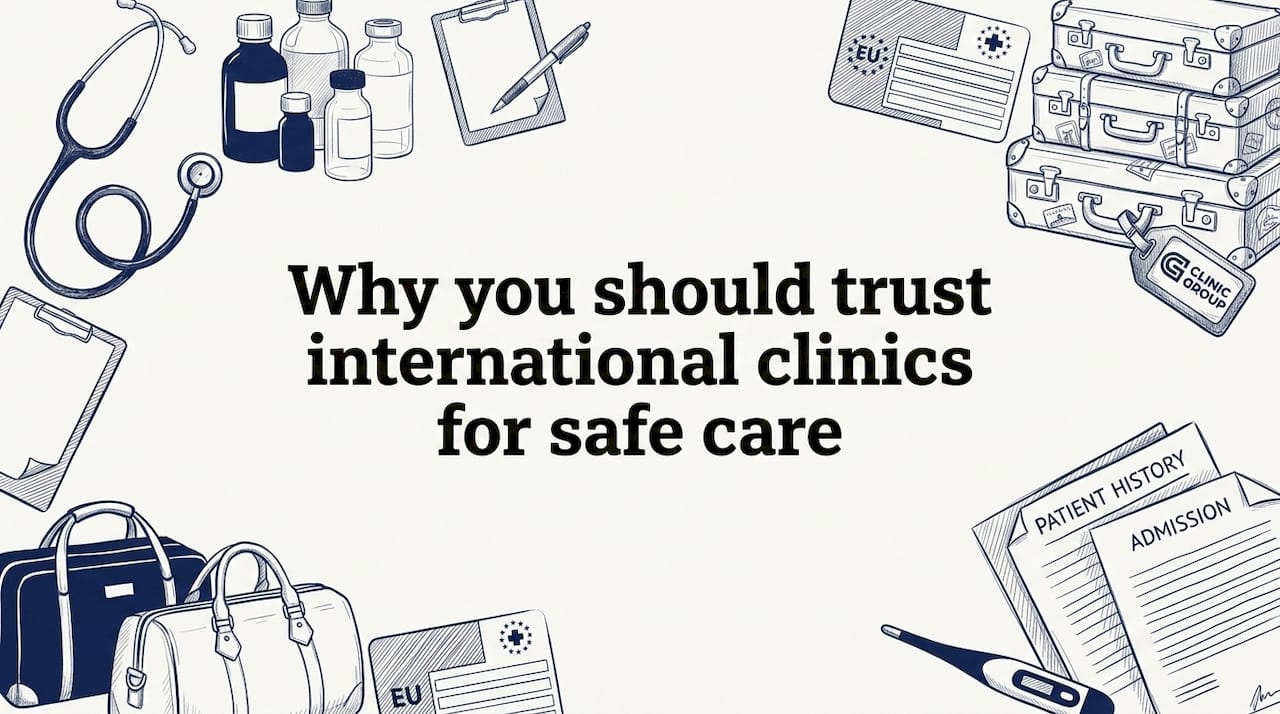 Decorative title card with hand-drawn medical travel props