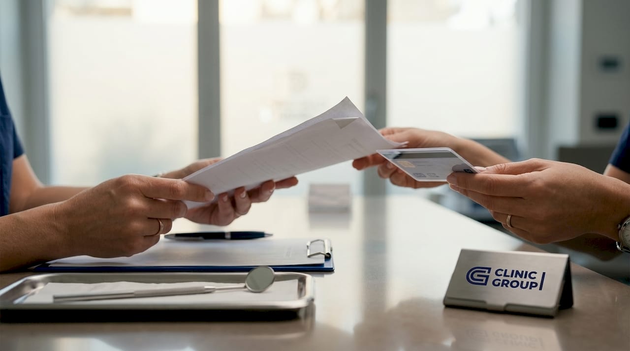 La receptionist della clinica mostra con orgoglio i suoi attestati di qualifica.