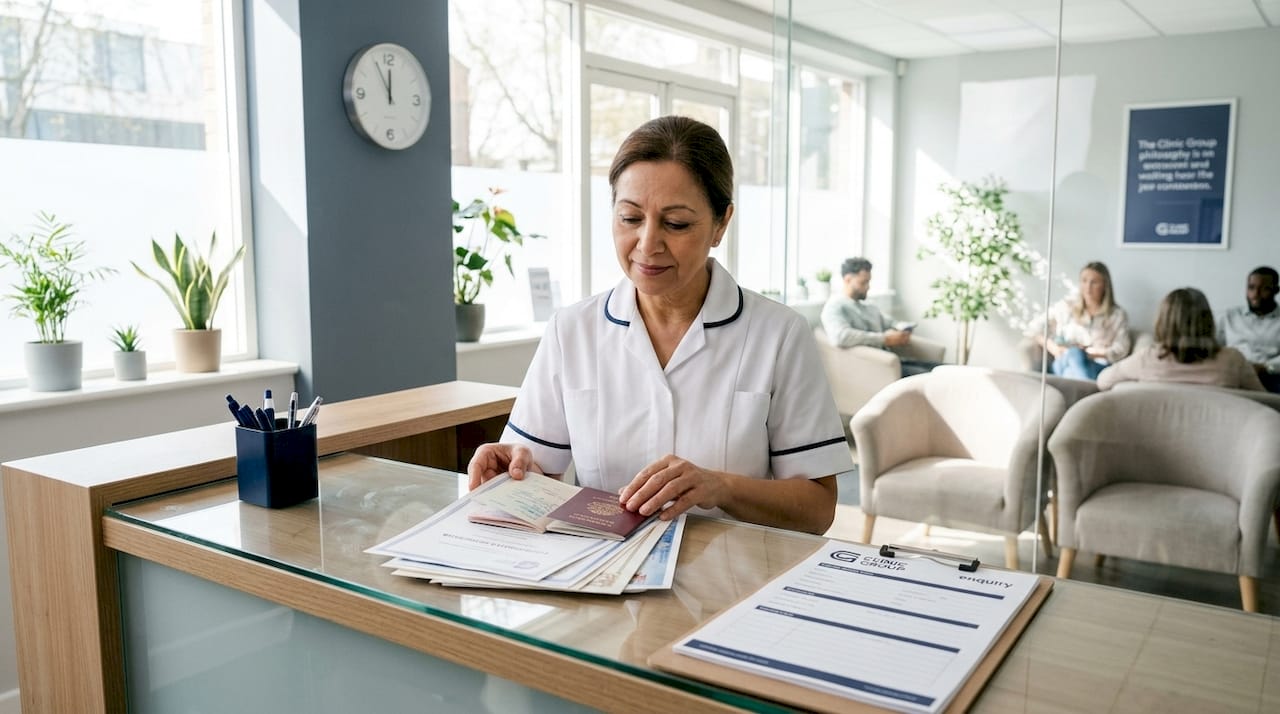 Clinic receptionist checks certificates and documents