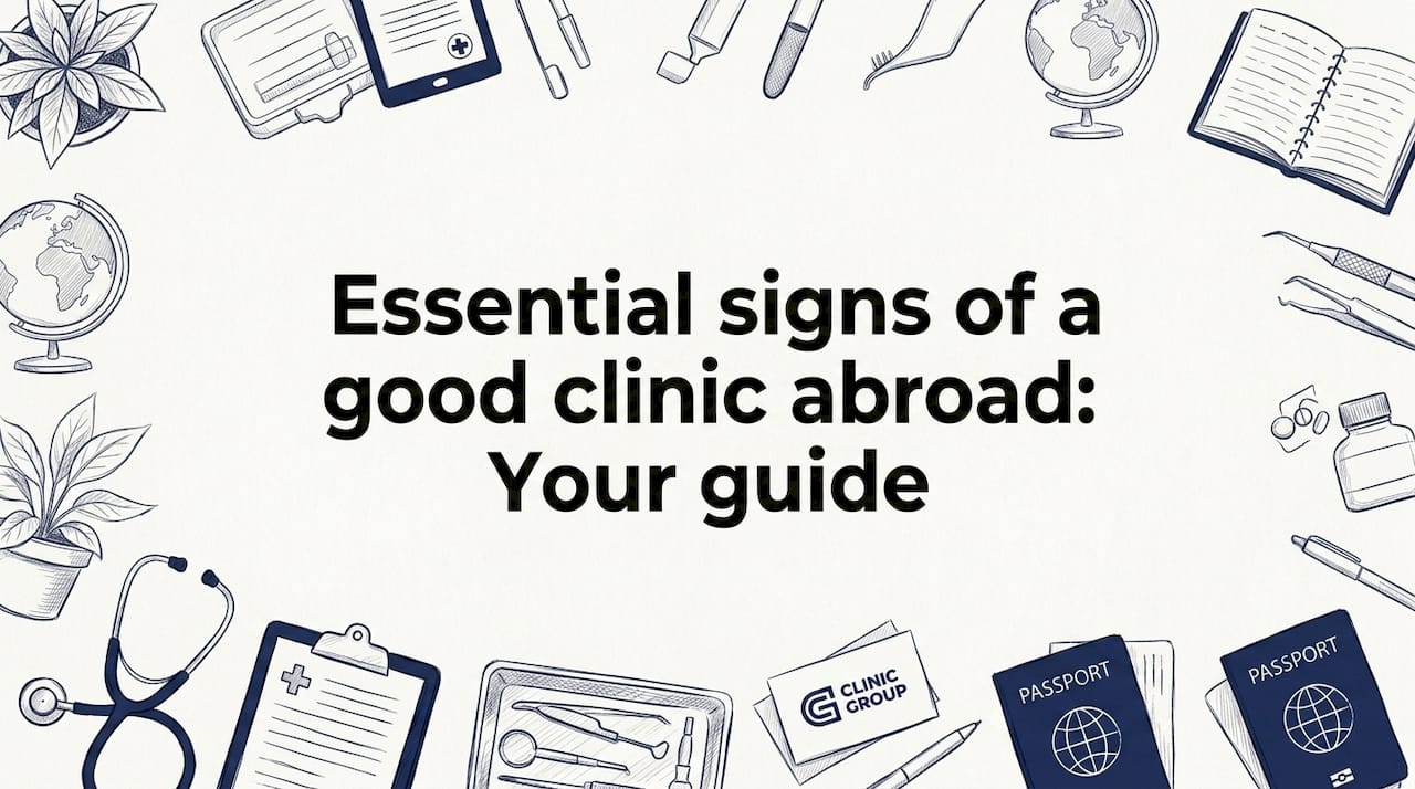 Hand-drawn clinic objects surrounding clean title area