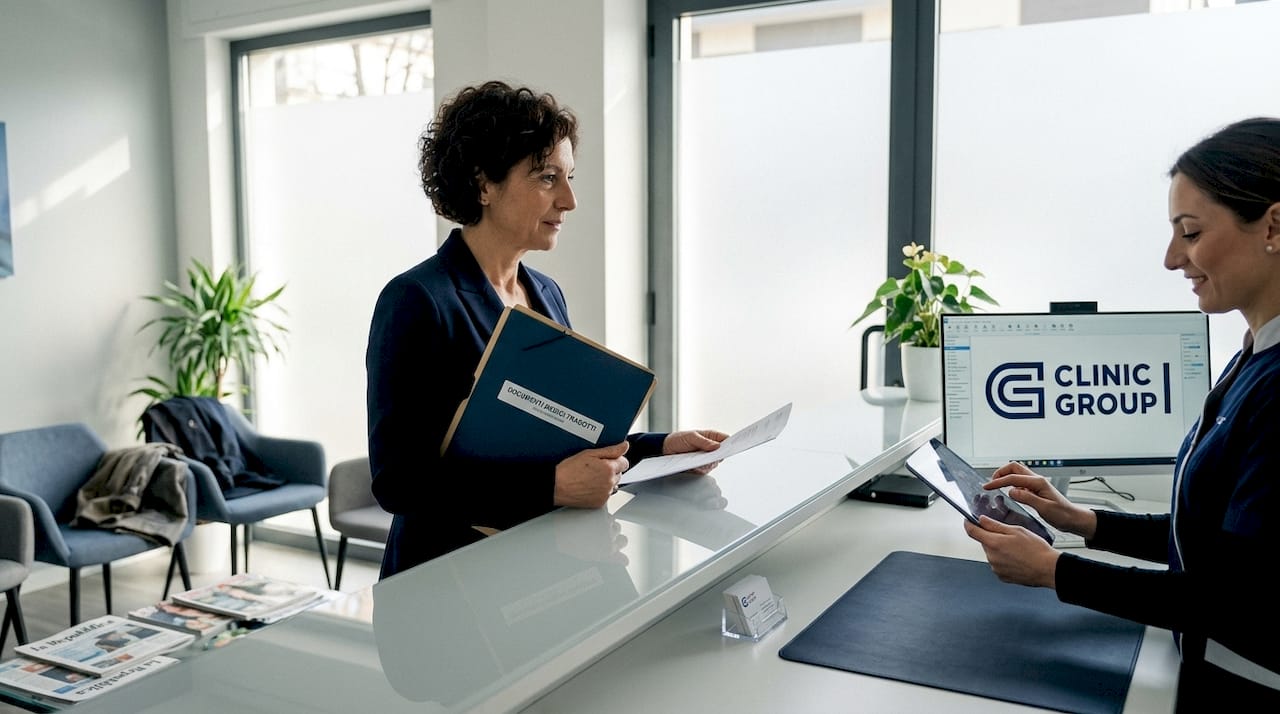 Paziente in sala d’attesa dello studio dentistico mentre consegna i propri documenti alla reception