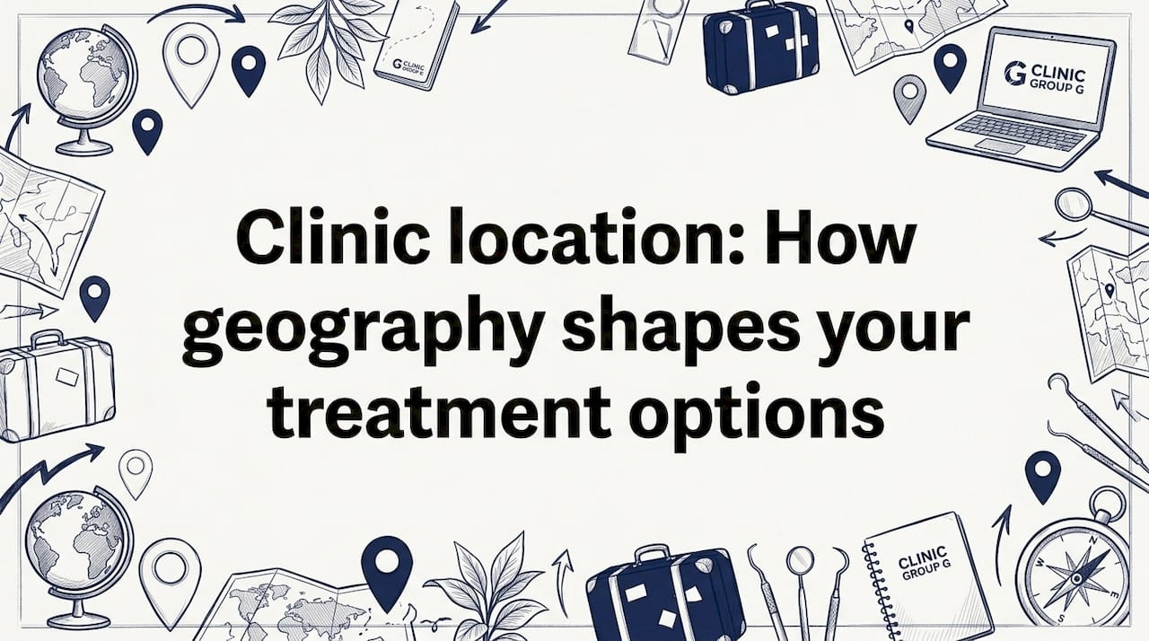 Decorative hand-drawn title card with travel and clinic icons