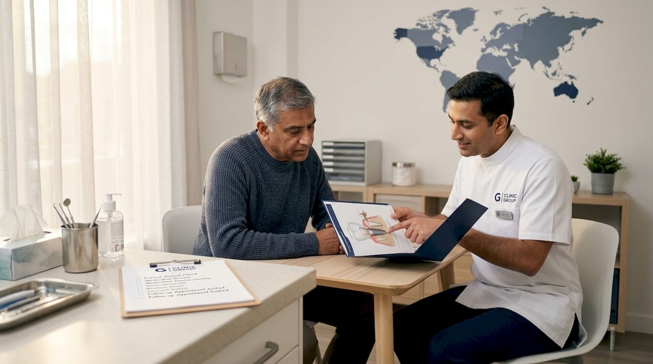 Patient and dentist reviewing aftercare in clinic room