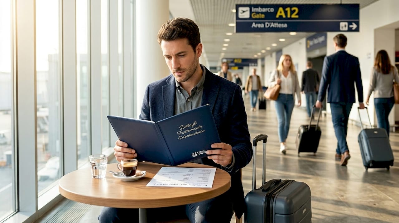 Un uomo sfoglia attentamente i suoi documenti in aeroporto, pronto a partire per un viaggio legato a cure mediche.