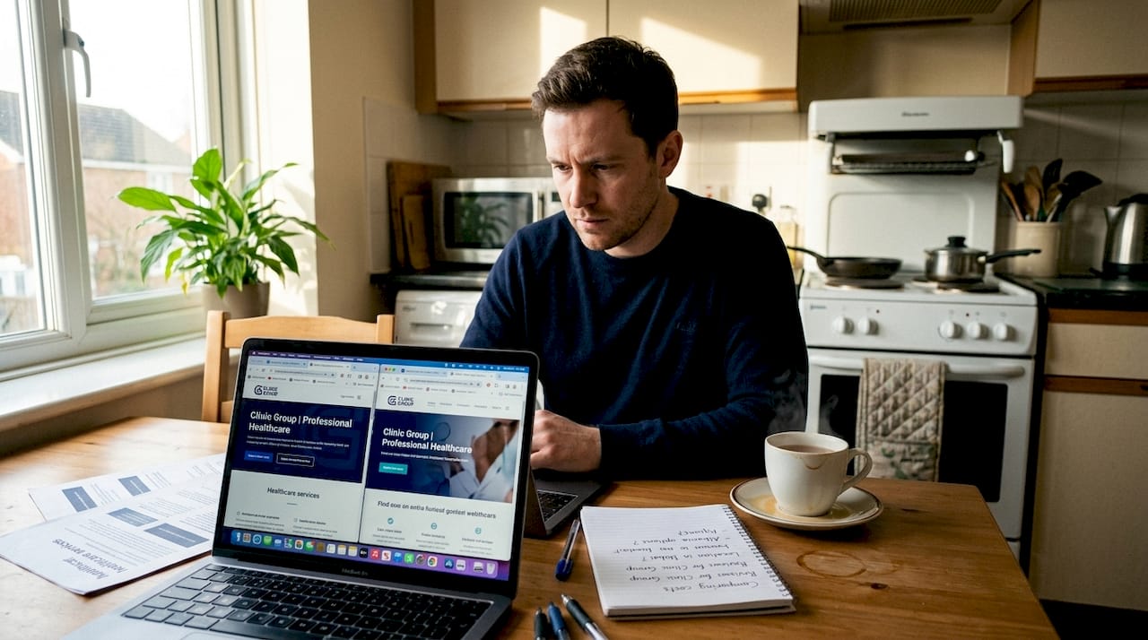 Man researching clinics at kitchen table