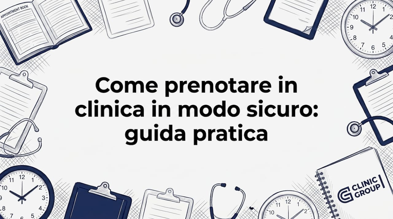 Elementi illustrati a mano che incorniciano l’area del titolo con oggetti tipici di una clinica