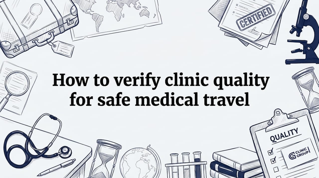 Hand-drawn medical travel title card for article