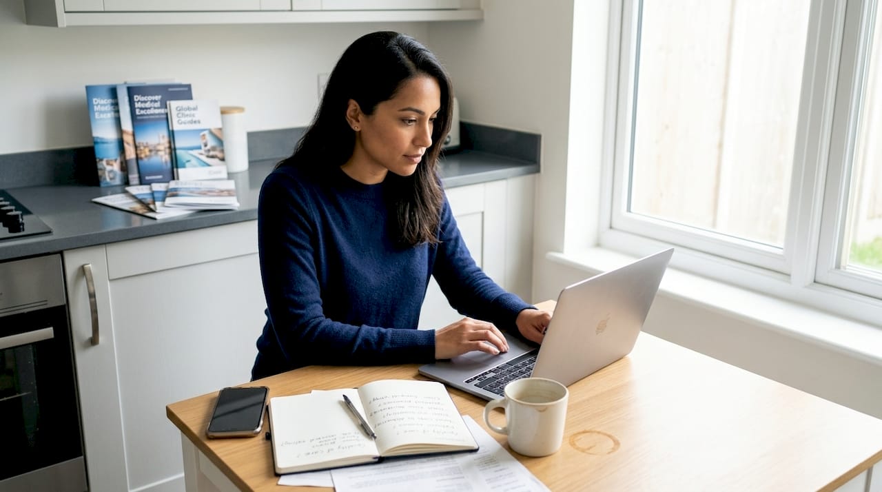 Woman reviewing clinic profiles at kitchen table