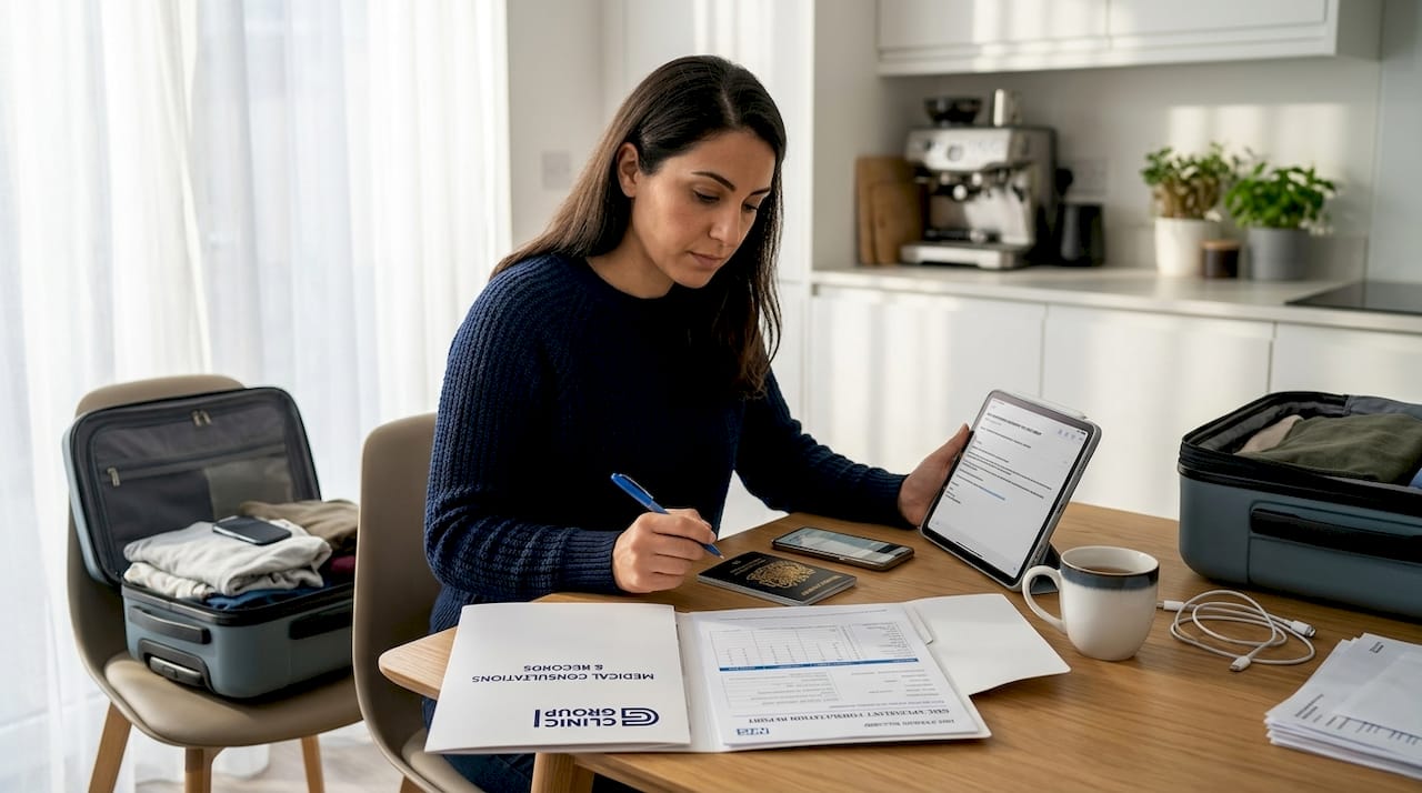 Woman reviewing medical documents at kitchen table